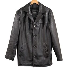 VTG! Guess Genuine Leather Jacket Button Front Coat Black S 90s Retro Y2K Grunge